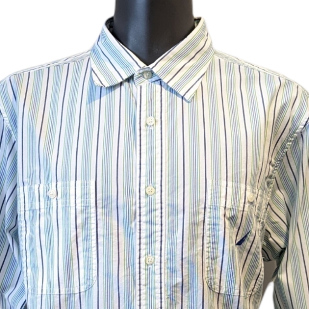 2/$20 Nautica Vertical Stripe Button Front Shirt XL Blue Green Long Sleeves